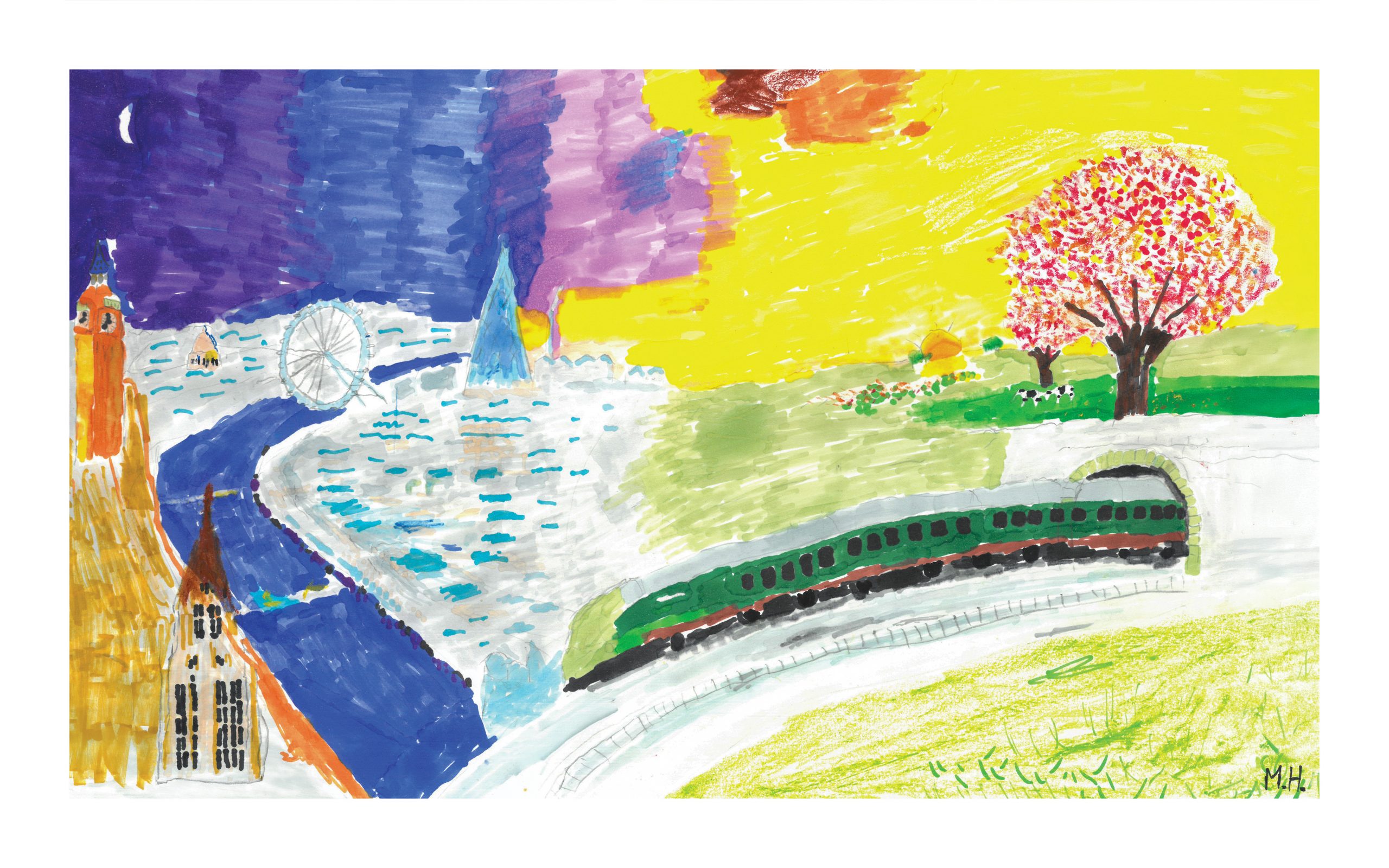 painting by Mark Hemsworth from Shadowlight Artists. Train in urban and countryside landscapes at sunset